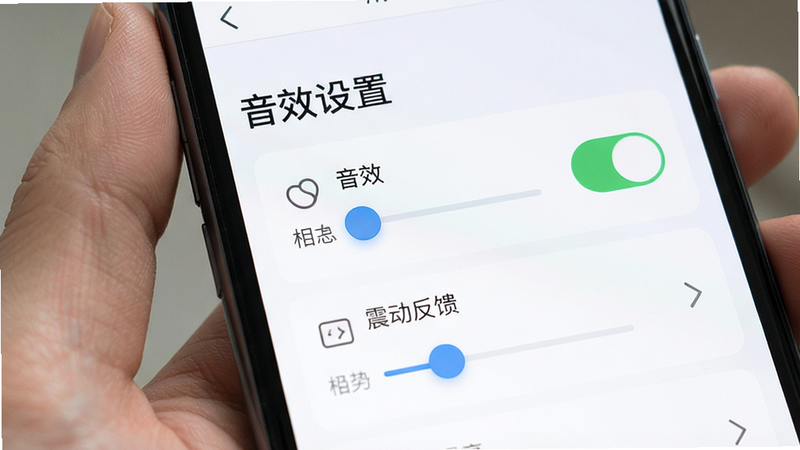 手机屏幕显示‘相约成对’设置界面,重点展示音效开关与震动反馈选项,布局列表式,风格扁平化,细节包括滑块控件与图标,画质细腻,干净简洁,文字‘音效设置’标题清晰