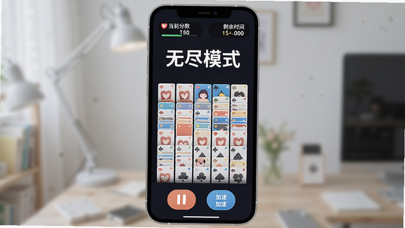 手机屏幕展示‘相约成对’无尽模式界面,顶部显示当前分数与剩余时间,中间为密集排列的卡片堆,底部为暂停与加速按钮,布局纵向排列,风格现代简约,细节精致,画质清晰,干净无干扰,文字‘无尽模式’醒目