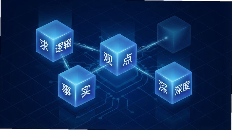 一张展示“求索”APP主界面的概念图,背景为深蓝色科技感网格,中央悬浮着几个发光的立体方块,方块上分别写着“逻辑”、“观点”、“事实”、“深度”,方块之间有光线连接,象征思维链路,整体风格简洁现代,高分辨率,无多余元素,干净