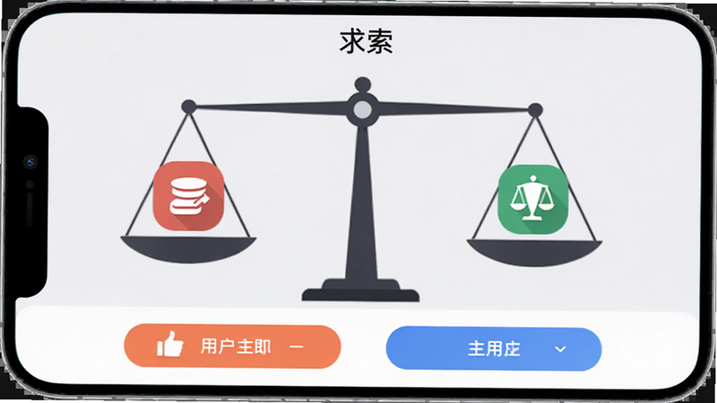 “求索”APP的观点对比界面,屏幕中央是一个天平,天平两端分别放置代表不同观点的图标,下方有用户互动的投票按钮,背景为浅灰色,风格简约,强调平衡与对比,高清细节