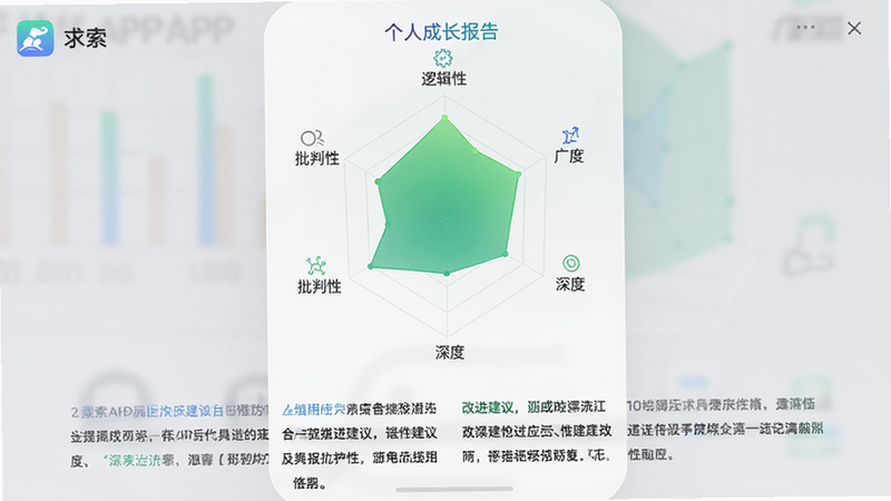 “求索”APP的个人成长报告界面,显示雷达图,维度包括“逻辑性”、“广度”、“深度”、“批判性”,雷达图呈绿色渐变,下方有具体的改进建议文字,界面整洁,数据可视化清晰,现代扁平风格