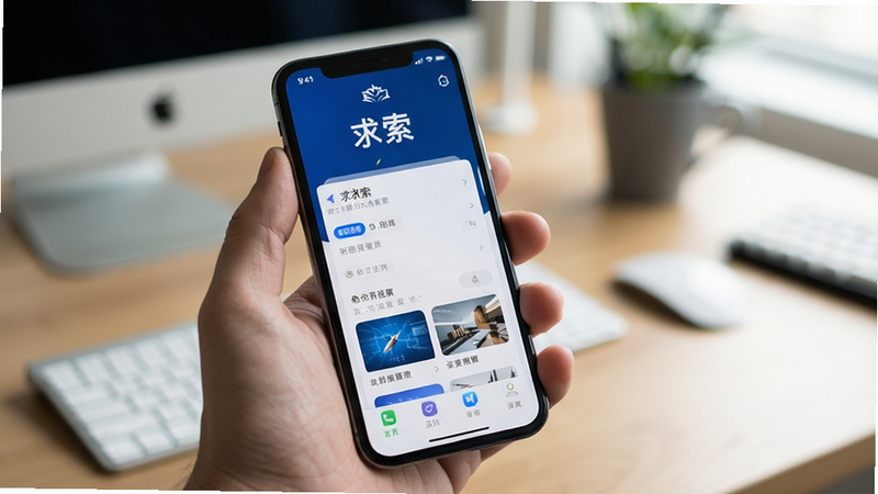 手机手持“求索”APP的特写,背景为模糊的办公桌面,手机屏幕显示清晰的APP界面,光线柔和,突出屏幕内容,真实摄影风格,高清晰度