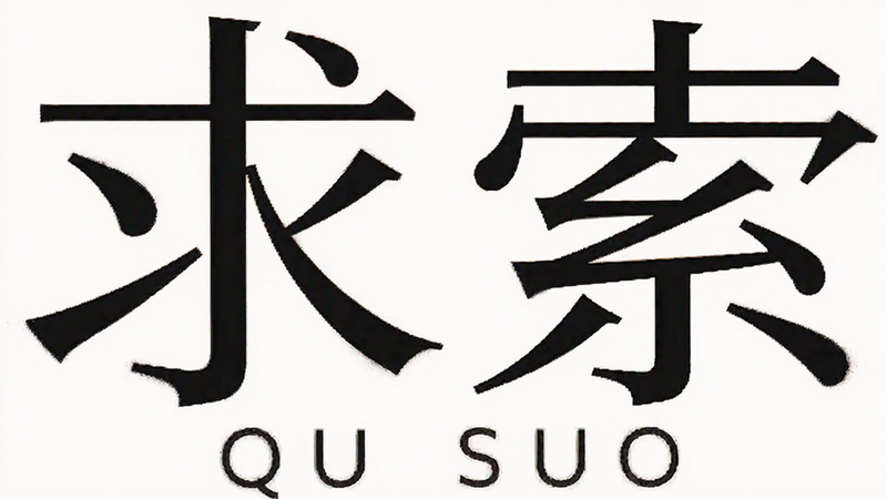 “求索”APP的Logo特写,字体设计优雅,背景为纯白,Logo下方有拼音“QIU SUO”,字体清晰,极简主义风格,高分辨率