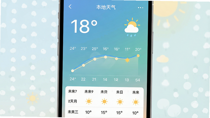 ����Ϊ�ֻ���Ļ����ʾ��������Ӧ�ý��棬����Ϊ������ʾ��ǰ�¶�������ͼ�꣬�в�Ϊ24Сʱ����ͼ���ײ�Ϊδ��7��Ԥ���б����Ű����ִ�������ƽ����ϸ�ڰ���������������������͵ı���ɫ�����ʸ��壬�ɾ��޶���Ԫ�أ����ְ���