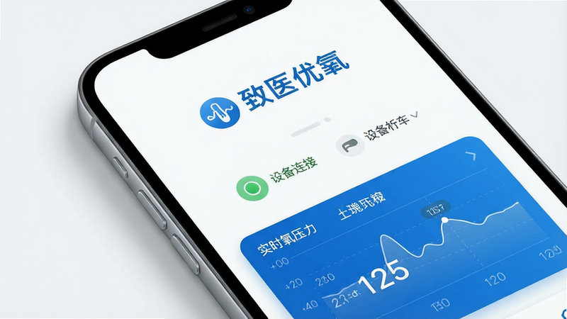 一张展示致医优氧应用界面的高清渲染图,主体为手机屏幕,显示简洁的白色背景与蓝色主题色,屏幕中央有“致医优氧”Logo,下方有设备连接状态图标和实时氧压力数值图表,布局清晰,排版现代极简,风格科技感与医疗洁净感结合,细节处有柔和的阴影效果,画质4K,干净无多余元素