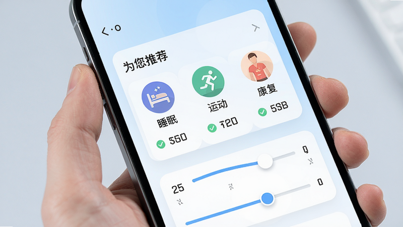 致医优氧个性化方案界面展示,手机屏幕显示“为您推荐”卡片,包含不同场景图标如睡眠、运动、康复,背景为淡蓝色渐变,布局卡片式,风格扁平化设计,细节处有勾选标记和数值滑块,画质精致,干净简洁,突出智能推荐功能,无多余装饰