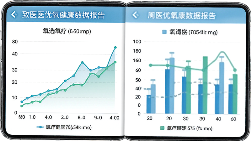 致医优氧健康数据报告界面,手机屏幕显示折线图与柱状图,展示一周的氧疗数据,颜色为蓝绿搭配,背景纯白,布局数据可视化风格,风格专业严谨,细节处有坐标轴和图例说明,画质清晰锐利,无噪点,体现数据的专业性与易读性