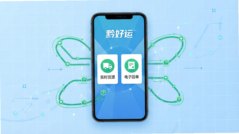 一张高清数字插画,主体为黔好运APP界面全景展示,背景为淡蓝色科技感网格,中央悬浮着手机屏幕,屏幕内清晰显示“黔好运”Logo及“实时货源”、“电子回单”两大核心模块图标,布局采用中心辐射式,排版整洁有序,风格为扁平化商务风,细节处点缀绿色物流路线轨迹,画质4K超清,干净无多余元素