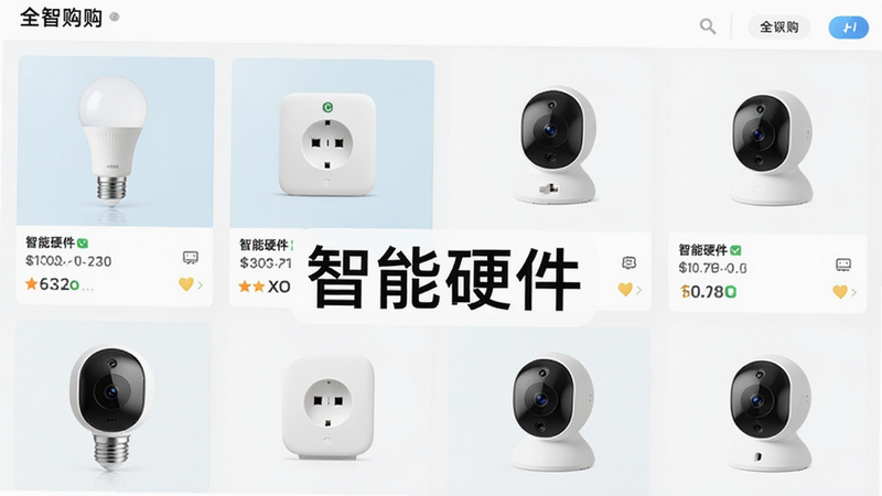 主体为全智购商城列表页,布局网格状排列,排版整齐,风格清新明亮,细节展示智能灯泡、智能插座、摄像头等商品缩略图,画质清晰,干净,无多余元素,文字