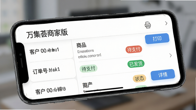 �ֻ���Ļ��д��չʾ�������̼Ұ桱�Ķ����б����棬�б���������ʾ�����š��ͻ���������ƷժҪ��״̬��ǩ���硰��֧���������ѷ����������Ҳ��С���ӡ���͡����顱��ť������ģ��������ͻ�����壬���߾��ȣ�����Ӱ�����дʵ��ϸ�ڷḻ�����廭�ʡ�