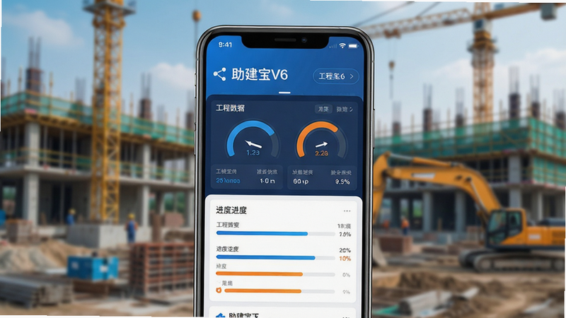 一张展示助建宝V6安卓应用界面的高清概念图,主体为智能手机屏幕,显示着清晰的工程数据仪表盘和进度条,背景为模糊的建筑工地场景,风格现代简约,色彩以科技蓝和工程橙为主,文字“助建宝V6”清晰可见,画质细腻,无多余装饰元素