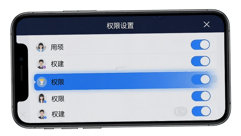 助建宝V6权限管理界面,手机屏幕显示用户列表和权限开关,图标清晰,布局列表式,风格科技感,蓝色高亮选中项,文字“权限设置”在顶部,高清细节,无杂乱背景