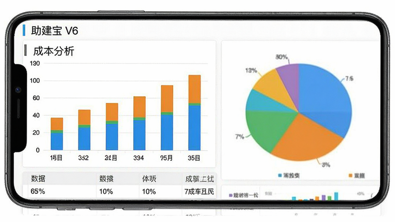 助建宝V6报表界面预览,手机屏幕显示柱状图和饼图,图表颜色鲜明,底部有数据列表,布局紧凑有序,风格商务专业,白色背景,文字“成本分析”清晰,高质量渲染,无噪点