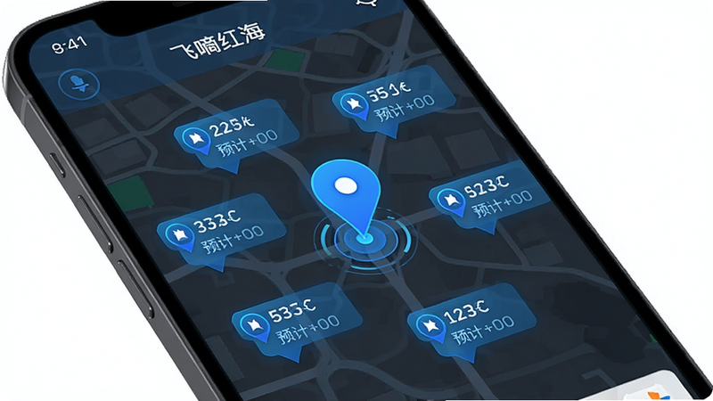 ����Ϊ�����ֻ���Ļ����ʾ�����ֺ캣��APP�ĵ�ͼ���棬���ֳ������Ķ�λ������Χ���������ǵ㣬�Ű�Ϊ��ͼ�ӽǣ����Ϊ�Ƽ�����ɫ����ϸ����ʾ��������������Ԥ�ƺ�ʱ�������������ɾ����޶���Ԫ�أ�����Ϊ���ɫ��ͼ��ͼ��