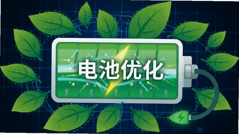 一个电池图标正在充电,周围环绕着绿色的叶子图案,象征环保与节能,电池内部有能量流动的光效,背景是深蓝色科技感网格,中心文字“电池优化”,矢量插画风格,色彩鲜明,干净