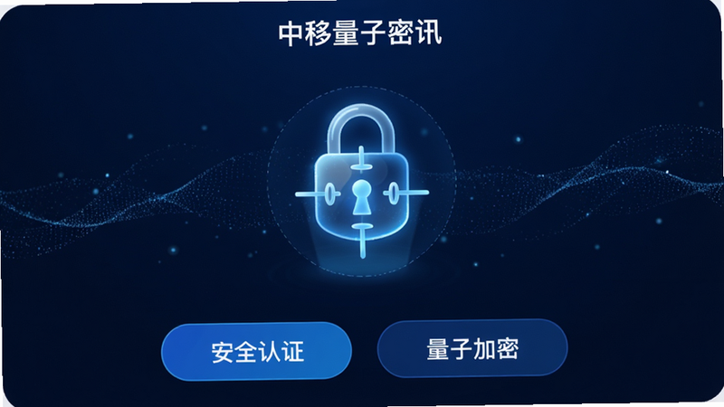 主体为“中移量子密讯”APP的主界面截图,布局采用深蓝色科技风背景,中央显示一个发光的量子锁图标,下方有“安全认证”、“量子加密”两个功能按钮,排版简洁大气,风格现代商务,细节处有微弱的粒子流动效果,画质4k高清,干净,无多余元素