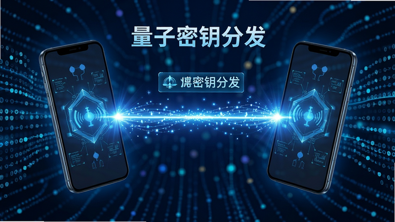 画面展示两个智能手机正在通过中间的量子光束进行数据交换,背景是抽象的量子比特流,文字标注“量子密钥分发”,风格科技感强,蓝色调为主,细节丰富,画质清晰,干净,无多余元素