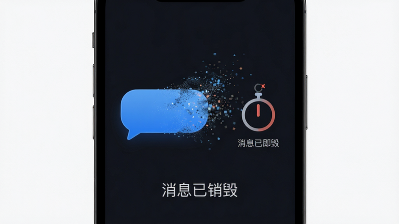 展示“阅后即焚”功能界面,一个消息气泡正在消散成粒子,旁边有一个倒计时图标,背景为深色,文字清晰显示“消息已销毁”,风格简洁现代,细节精致,画质高清,干净,无多余元素