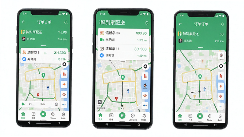 生成一张名为'i鲜到家配送'的安卓APP界面全景图,主体为手机屏幕,布局清晰,顶部显示订单列表,中部为地图调度界面,底部为功能导航栏,风格简洁现代,扁平化设计,配色以清新绿和白色为主,细节丰富,4k高清,干净,无多余元素
