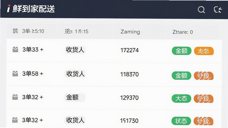展示'i鲜到家配送'软件中的订单管理界面,主体为列表视图,包含订单号、收货人、金额及状态标签,布局紧凑有序,排版清晰,风格为商务办公风,细节处有状态颜色区分,画质清晰,干净,无多余元素