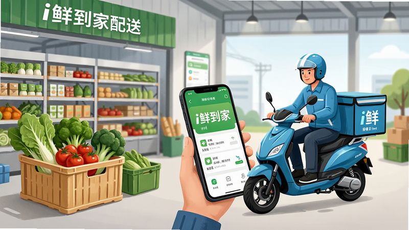 展示'i鲜到家配送'软件的应用场景,主体为生鲜超市仓库与配送骑手协作画面,布局为场景插画风格,排版和谐,风格写实,细节包含蔬菜筐与手机终端,画质高清,干净,无多余元素