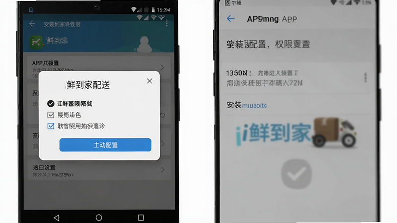 展示'i鲜到家配送'在安卓手机上的安装与权限设置界面,主体为系统弹窗与APP设置页,布局清晰,排版整齐,风格为教程示意图,细节包含勾选框与按钮,画质清晰,干净,无多余元素