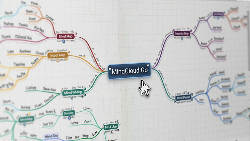 主体为 MindCloud Go 思维导图编辑界面特写,布局展示一个复杂的层级结构,中心主题突出,分支线条流畅且带有颜色区分,节点大小根据重要性变化,风格清晰直观,细节体现鼠标悬停时的高亮效果,背景为浅灰色网格纸样式,画质精细,干净无干扰元素,文字