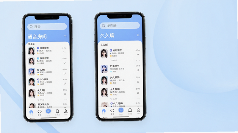 久久聊 app 界面全景展示,主体为手机屏幕,背景为柔和的浅蓝色渐变,布局清晰,顶部为搜索栏,中部为语音房间列表,底部为导航栏,风格简约现代,细节精致,画质高清,干净无多余元素,文字