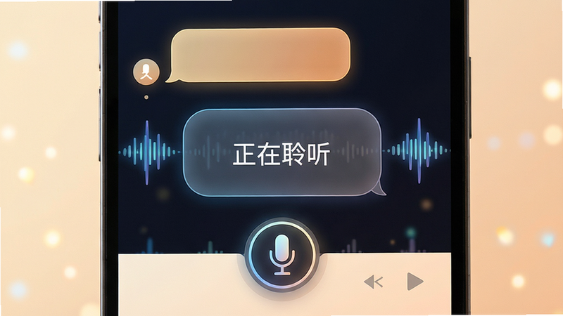 久久聊 语音聊天界面特写,主体为对话气泡与声波可视化效果,布局居中,排版对称,风格科技感与温馨感结合,细节处有麦克风图标高亮,画质细腻,干净,无多余装饰,文字