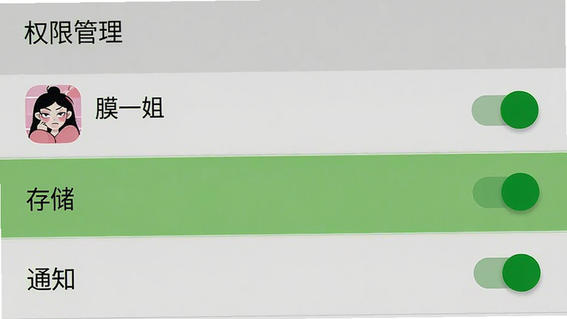 主体为手机设置界面截图,展示“权限管理”列表,重点高亮“存储”与“通知”两个权限开关处于开启状态;布局为左侧权限名称,右侧开关控件;风格为安卓原生设置界面,简洁清晰;细节处显示“膜一姐”应用图标及名称;画质高清,界面元素无变形,无水印,移动端UI设计。