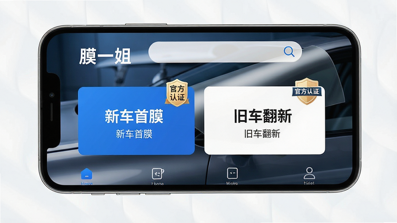主体为手机屏幕展示“膜一姐”APP首页界面,布局清晰分为顶部搜索栏、中部“新车首膜”与“旧车翻新”两个核心入口卡片、底部导航栏;排版采用扁平化设计风格,色彩以科技蓝与白色为主色调,突出专业感;细节处展示高清汽车贴膜效果图作为背景装饰,文字清晰显示“膜一姐”Logo及“官方认证”标识;画质4K高清,干净无多余元素,无水印,无杂乱背景,商业摄影风格。