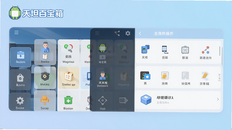 主体为天坦百宝箱安卓APP的启动画面与主界面全景,布局采用扁平化设计,左侧为功能网格菜单,右侧为快捷操作区,背景为淡蓝色渐变,风格现代简约,细节清晰,包含“天坦百宝箱”文字Logo,画质高清,干净无多余元素