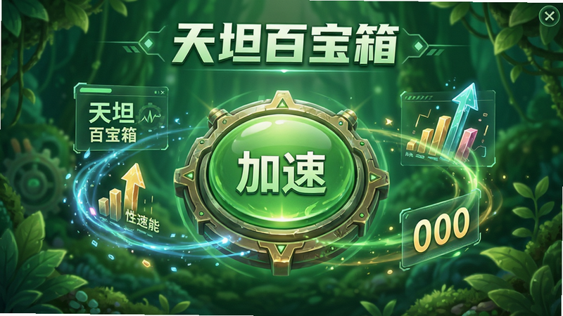天坦百宝箱系统加速界面,中央为巨大的加速按钮,周围环绕着性能提升的视觉特效,背景为绿色生态风,包含“天坦百宝箱”文字,布局对称,风格清新,细节精致,画质优秀,干净无多余元素