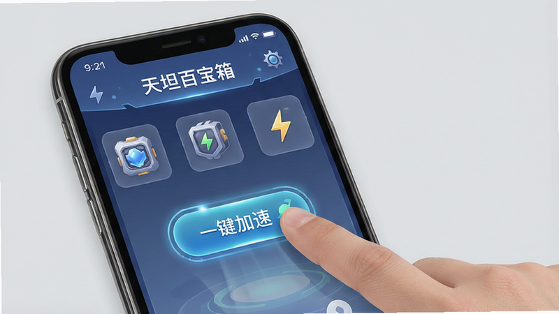 天坦百宝箱操作教程示意图,展示手机屏幕上手指点击“一键加速”按钮的动作,背景为浅灰色,包含“天坦百宝箱”界面元素,风格写实,细节清晰,画质高清,干净无多余元素