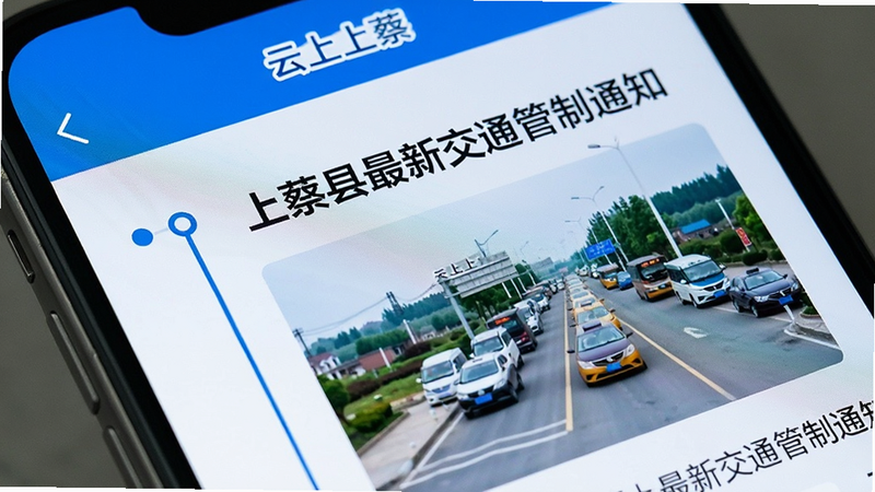 主体为手机屏幕特写,显示“云上上蔡”APP的新闻列表页,布局采用时间轴形式,排版紧凑,风格为科技蓝与白色搭配,细节显示加粗的标题“上蔡县最新交通管制通知”及配图,画质清晰,干净,无多余元素