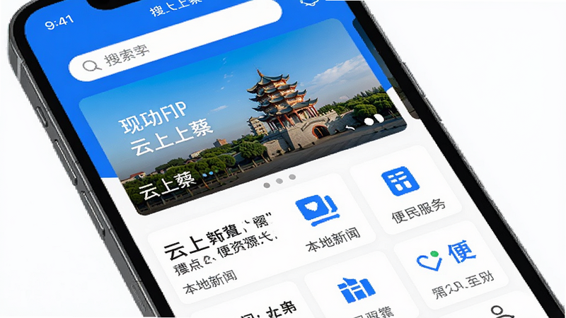 主体为智能手机屏幕显示“云上上蔡”APP首页界面,布局清晰分为顶部搜索栏、中部轮播大图展示上蔡地标建筑、下方网格状排列的本地新闻卡片和便民服务入口,排版整洁有序,风格为现代扁平化UI设计,细节包含高饱和度的蓝色主色调与白色背景对比,画质高清,干净,无多余元素