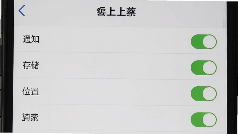 主体为手机设置界面截图,显示“云上上蔡”APP的权限管理页面,布局为列表式,排版清晰,风格为系统默认UI,细节包含“通知”、“存储”、“位置”等权限开关处于开启状态,画质清晰,干净,无多余元素