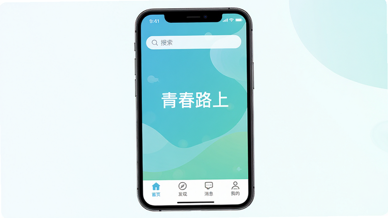 手机屏幕中央显示“青春路上”APP启动界面,背景为清新蓝绿色调,界面包含搜索栏、底部导航栏(首页、发现、消息、我的),顶部显示时间状态,整体布局简洁现代,扁平化设计风格,高清渲染,无多余元素