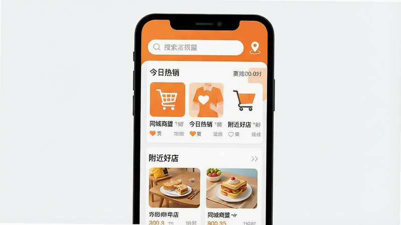 生成一张扁平化风格的移动端应用界面示意图,主体是名为“同城商盟”的手机APP首页,布局清晰,顶部是搜索栏和定位图标,中间展示“今日热销”和“附近好店”两个核心模块,卡片式设计,配色以橙色和白色为主,体现本地生活服务的温暖与专业,背景干净无杂乱元素,高清矢量图风格,文字清晰可见,包含“同城商盟”字样
