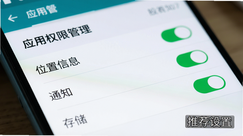 生成一张手机设置界面的特写图,聚焦于“应用权限管理”页面,高亮显示“位置信息”、“通知”、“存储”三个权限开关,开关均为开启状态,背景虚化,突出前景的设置选项,界面风格为现代安卓系统UI,简洁明了,文字清晰,标注“推荐设置”字样,高清摄影风格,无杂乱元素