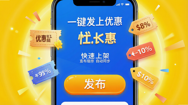 展示一个手机屏幕界面,内容是“一键发布优惠”的操作流程,界面上有醒目的“发布”按钮,旁边漂浮着几个优惠券图标和折扣标签,背景是明亮的黄色光晕,象征活力与促销,界面元素简洁,文字标注“快速上架”、“自动同步”,风格活泼,色彩鲜艳,高清UI设计图,无杂乱背景