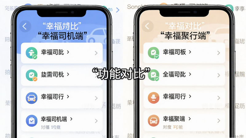 主体为手机对比界面,左侧显示“幸福司机端”,右侧显示“幸福聚行端”,布局为左右分栏,排版对称,风格对比鲜明,细节包含功能列表与图标,画质高清,干净,无多余元素,文字加引号“功能对比”