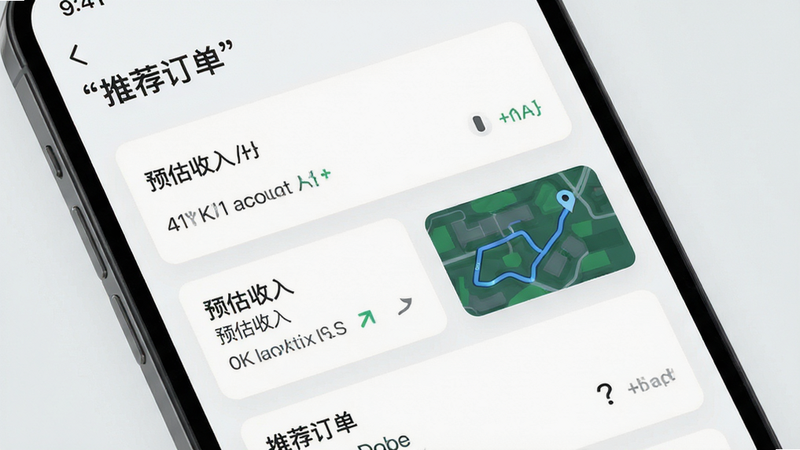 主体为手机界面,展示智能推荐订单列表,布局为卡片式排列,排版整齐,风格简洁现代,细节显示距离、预估收入与路线预览,画质4k,干净,无多余元素,文字加引号“推荐订单”