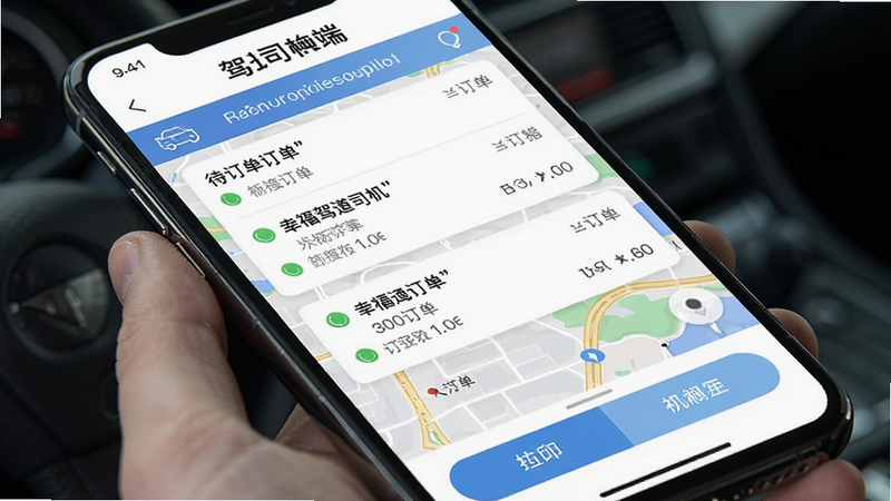 主体为手机屏幕特写,显示“幸福驾道司机端”APP界面,布局清晰,顶部为导航栏,中部为待接订单列表,底部为操作按钮,风格为扁平化设计,细节包含订单状态图标与实时地图背景,画质高清,干净,无多余元素,文字加引号