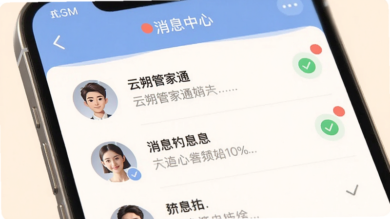展示“云朔管家通”消息中心界面的图片,主体为手机屏幕,显示对话列表与未读消息红点。布局简洁,左侧为头像,右侧为消息预览。风格温馨且现代,细节处显示消息发送成功的对勾图标。画质清晰,色彩柔和,无多余元素,突出沟通的便捷与高效。