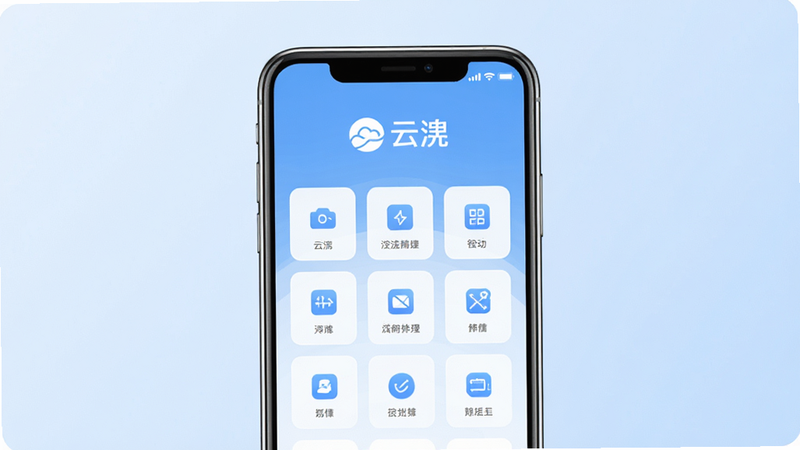 һ��չʾ��APP������������ͼ������Ϊ�ֻ���Ļ������ʾ������Ϊ��͵�ǳ��ɫ���䣬��Ļ����ʾ���ơ�Logo�����Ĺ���ͼ�����񣬲������룬����ִ���Լ��ϸ�����������ʸ��壬�ɾ��޶���Ԫ��