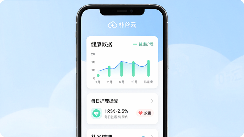 一张展示朴谷云APP主界面的高清截图,画面中央是简洁的白色卡片式布局,显示着健康数据图表和每日护理提醒,背景为柔和的浅蓝色渐变,顶部有“朴谷云”Logo,整体风格现代、干净、专业,无多余元素,高清画质