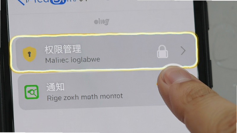 手机设置界面截图,高亮显示“权限管理”中的存储和通知选项,手指点击图标,背景简洁,突出操作重点,清晰易懂,高清画质,无干扰元素