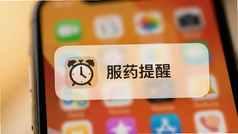 手机界面特写,显示一个清晰的闹钟图标和“服药提醒”文字,背景虚化,突出前景的提醒卡片,色调温暖,营造安心可靠的氛围,高分辨率,无杂乱背景