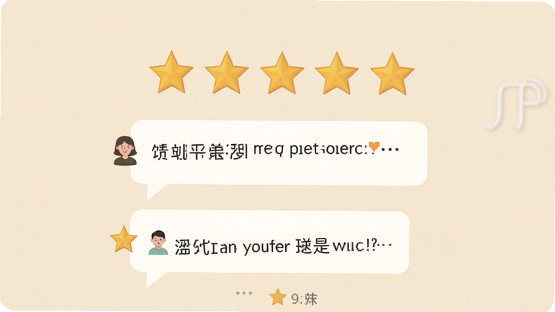 用户评价界面模拟图,展示五星好评图标和简短的用户评论气泡,背景为柔和的米色,体现良好的用户体验和正面反馈,风格亲切自然,高清细节,无杂乱文字
